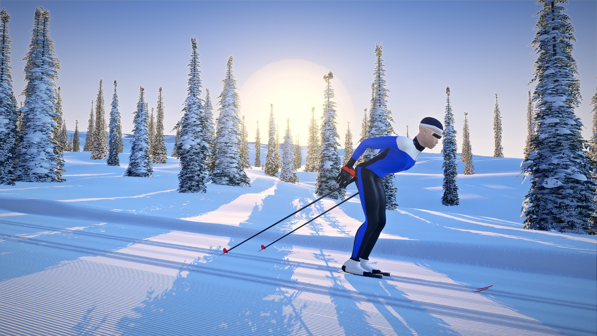 Virtuski skier double-poling beside classic tracks, with low golden sun behind spruce trees